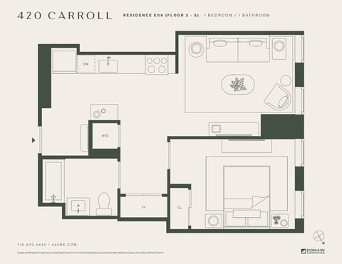 Floor plan for 1 bed, 1 bath, 596 sqft